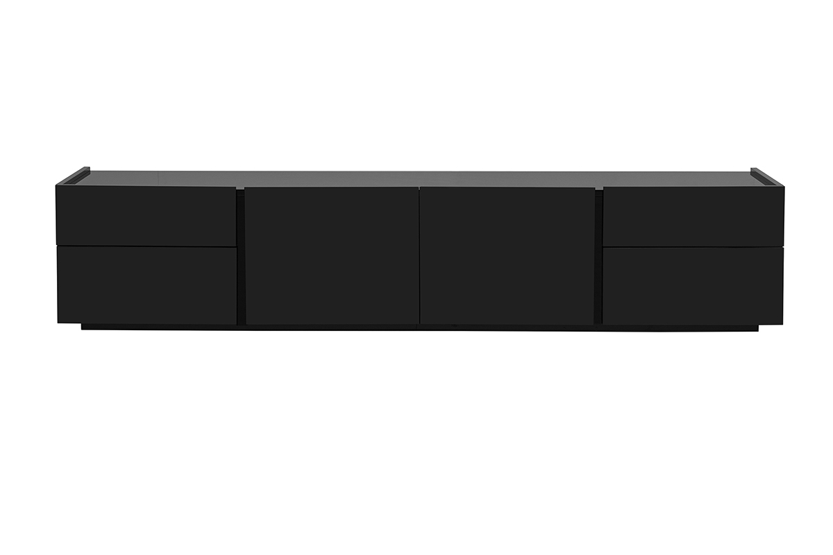 Meuble TV noir brillant avec rangements, vue de face, sym�trique et minimaliste, L199.8 cm.