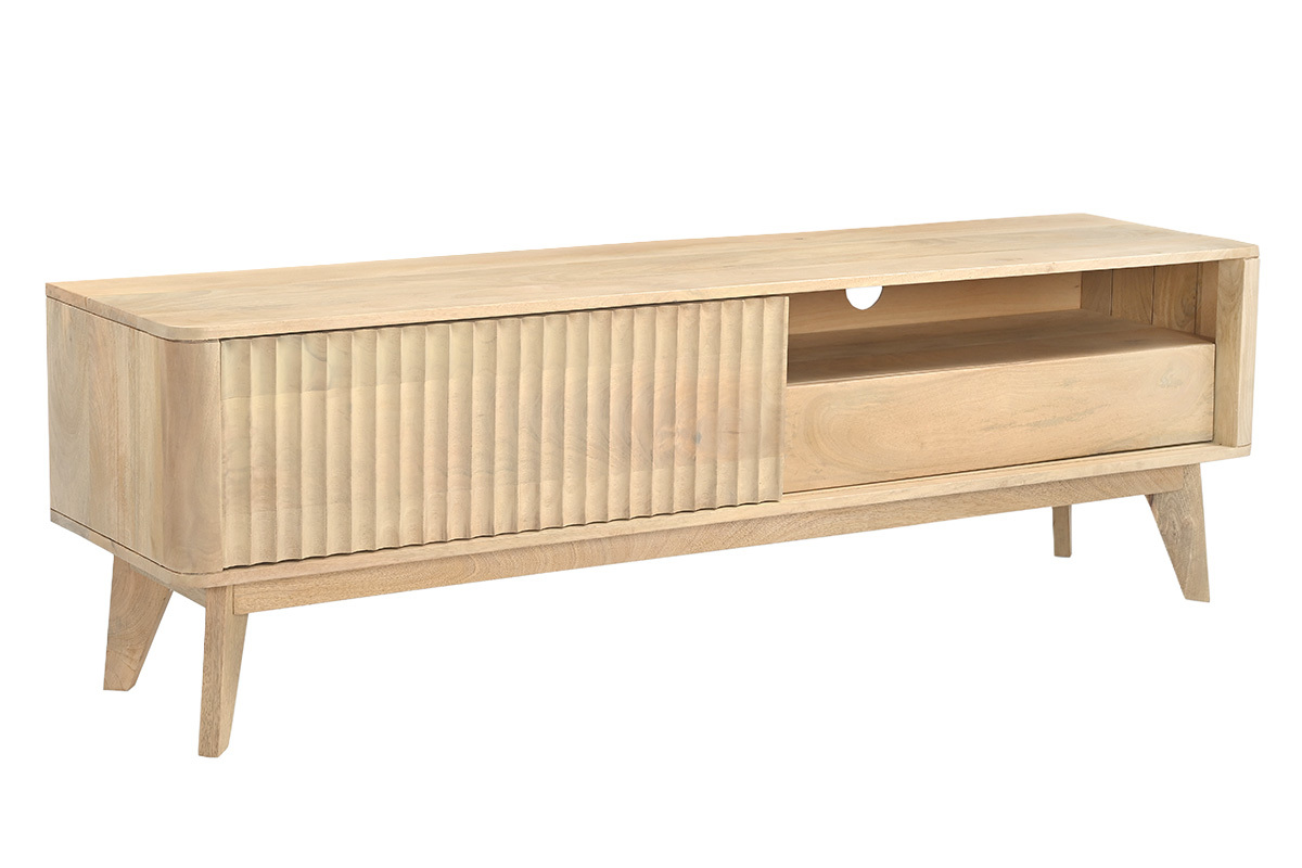 Meuble TV en bois clair manguier massif avec porte coulissante, vue d'angle