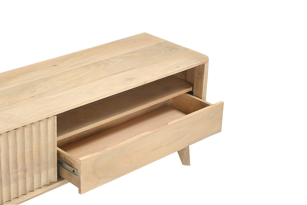 Meuble TV en manguier massif avec porte coulissante et tiroir, vue de dessus, bois clair
