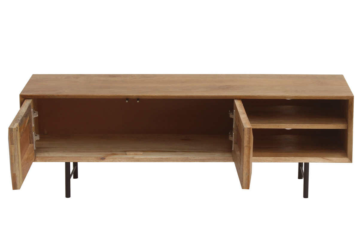 Meuble TV en bois clair manguier massif grav� et m�tal noir L120 cm AGRA