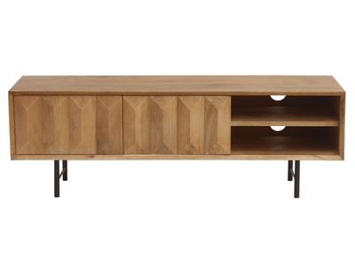 Meuble TV en bois clair manguier massif grav&eacute; et m&eacute;tal noir L120 cm AGRA