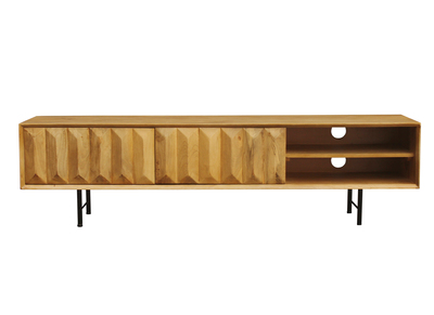 Meuble TV en bois clair manguier massif grav&eacute; L160 cm AGRA