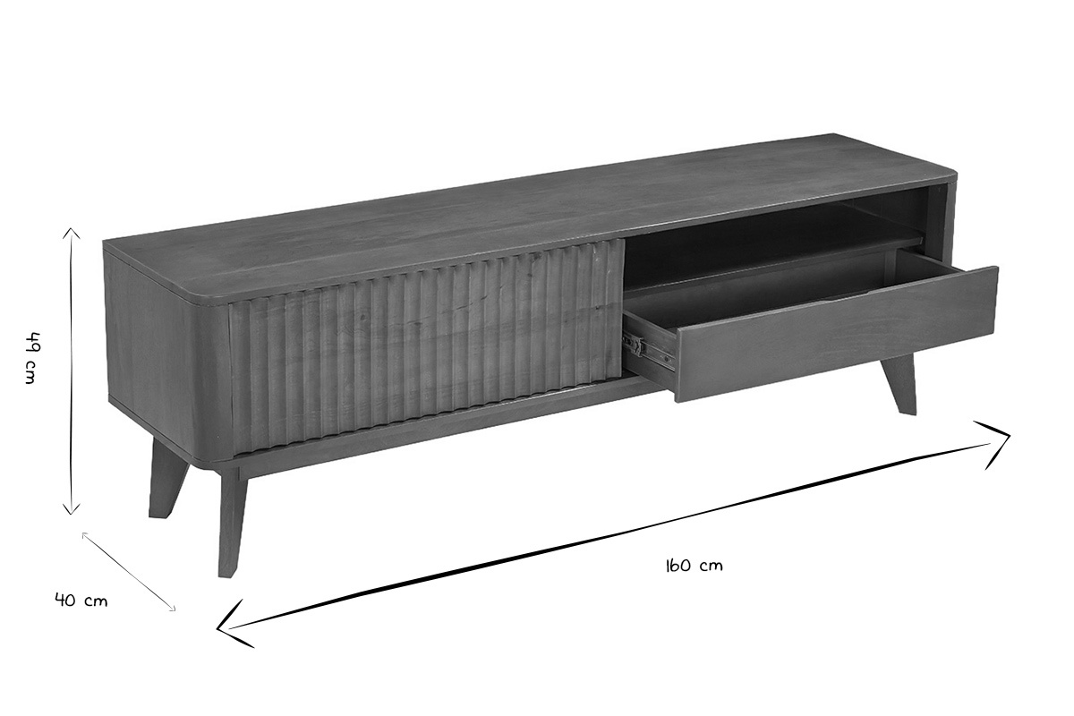 Dimensions du meuble TV en bois fonc� ALDA : L160 cm, H40 cm, P40 cm en noir et blanc.