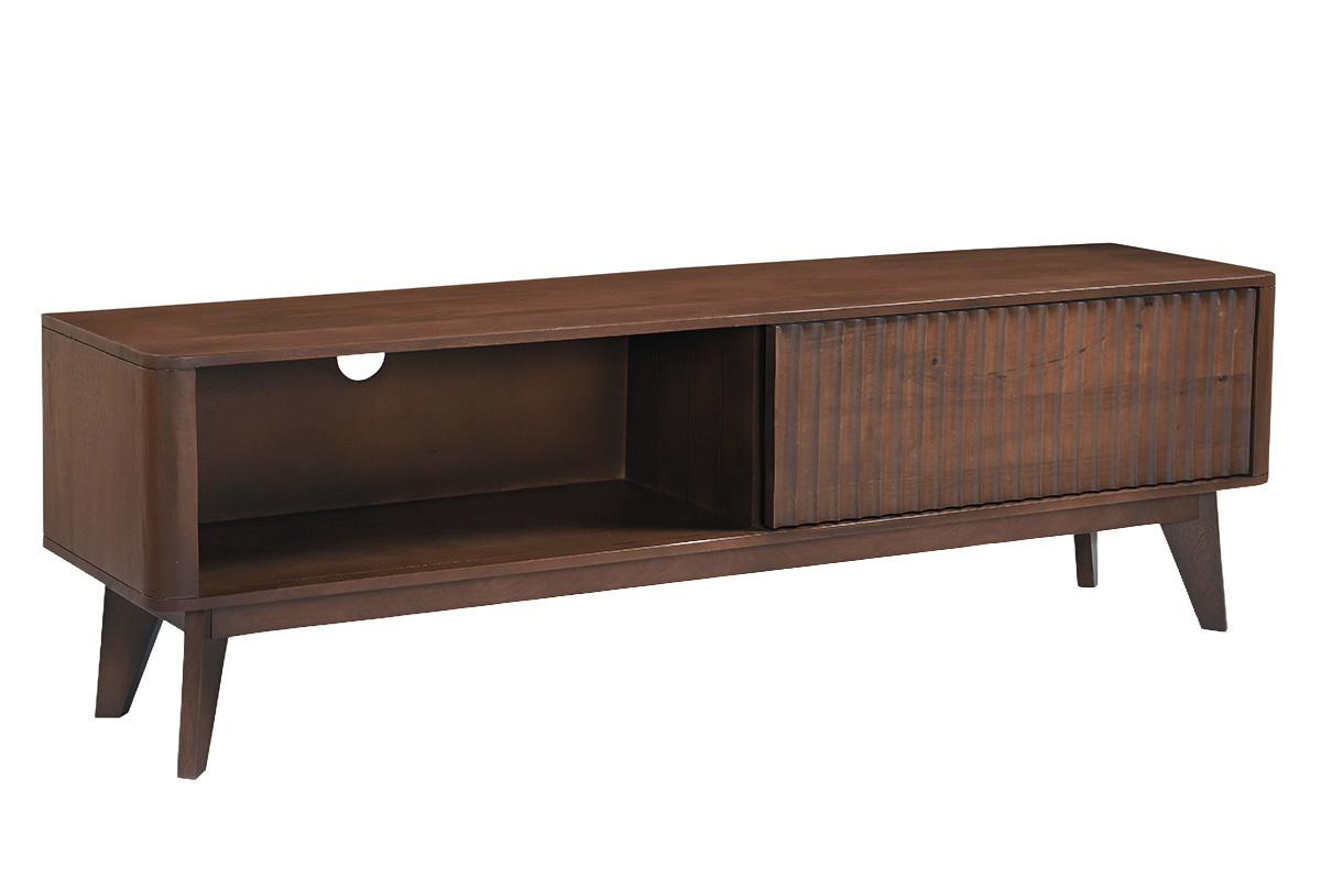 Meuble TV en bois fonc� manguier massif avec porte coulissante, vu de 3/4, longueur 160 cm