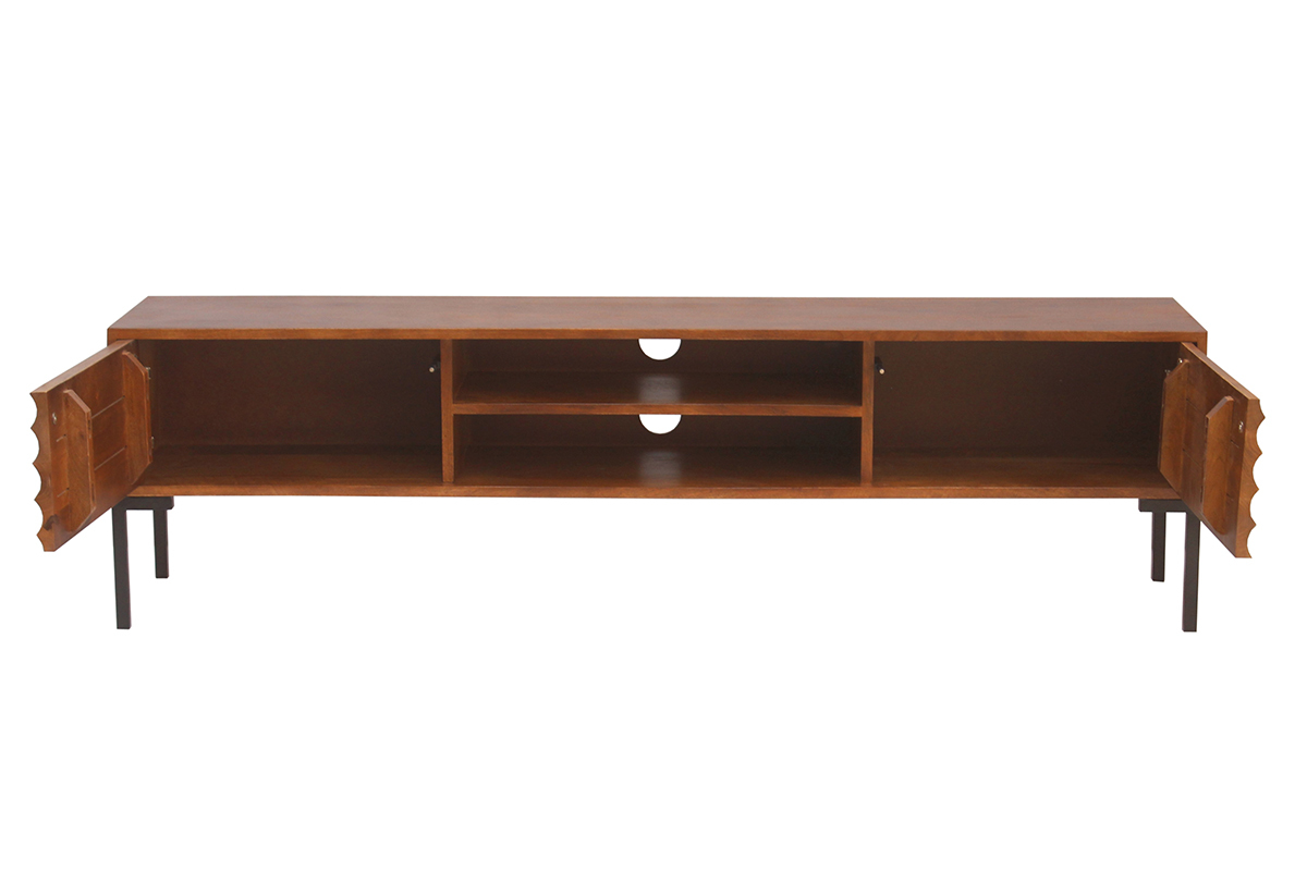 Meuble TV en bois fonc� manguier massif et m�tal noir 2 portes L160 cm ONDA