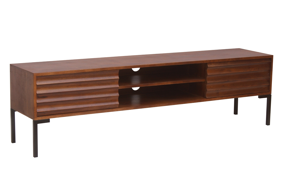 Meuble TV en bois fonc� manguier massif et m�tal noir 2 portes L160 cm ONDA