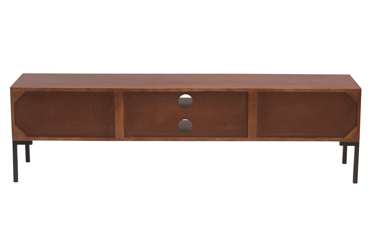 Meuble TV en bois fonc� manguier massif et m�tal noir 2 portes L160 cm ONDA