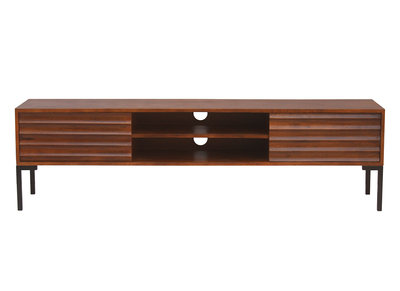 Meuble TV en bois fonc&eacute; manguier massif et m&eacute;tal noir 2 portes L160 cm ONDA
