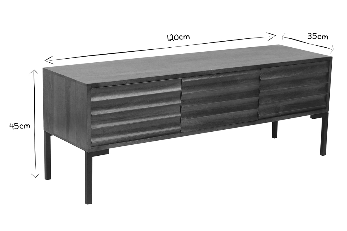 Meuble TV noir et blanc avec dimensions : 120 cm de long, 35 cm de large, 45 cm de haut.