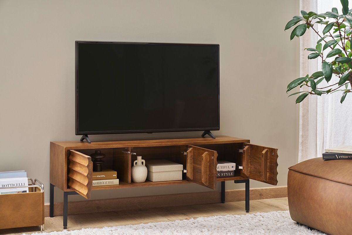 Meuble TV ONDA en bois fonc� et m�tal noir, trois portes ouvertes, vue de face.