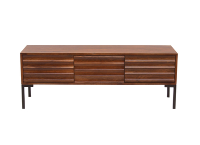 Meuble TV en bois fonc&eacute; manguier massif et m&eacute;tal noir 3 portes L120 cm ONDA
