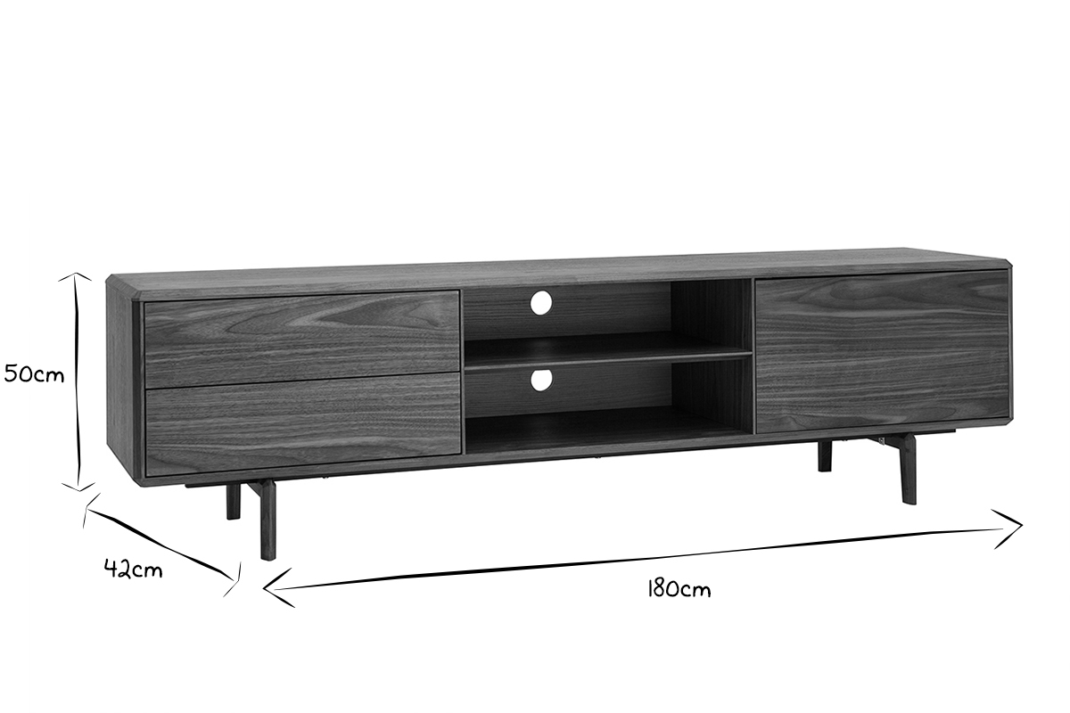 Meuble TV en bois fonc� noyer 1 porte 2 tiroirs L180 cm SUVA