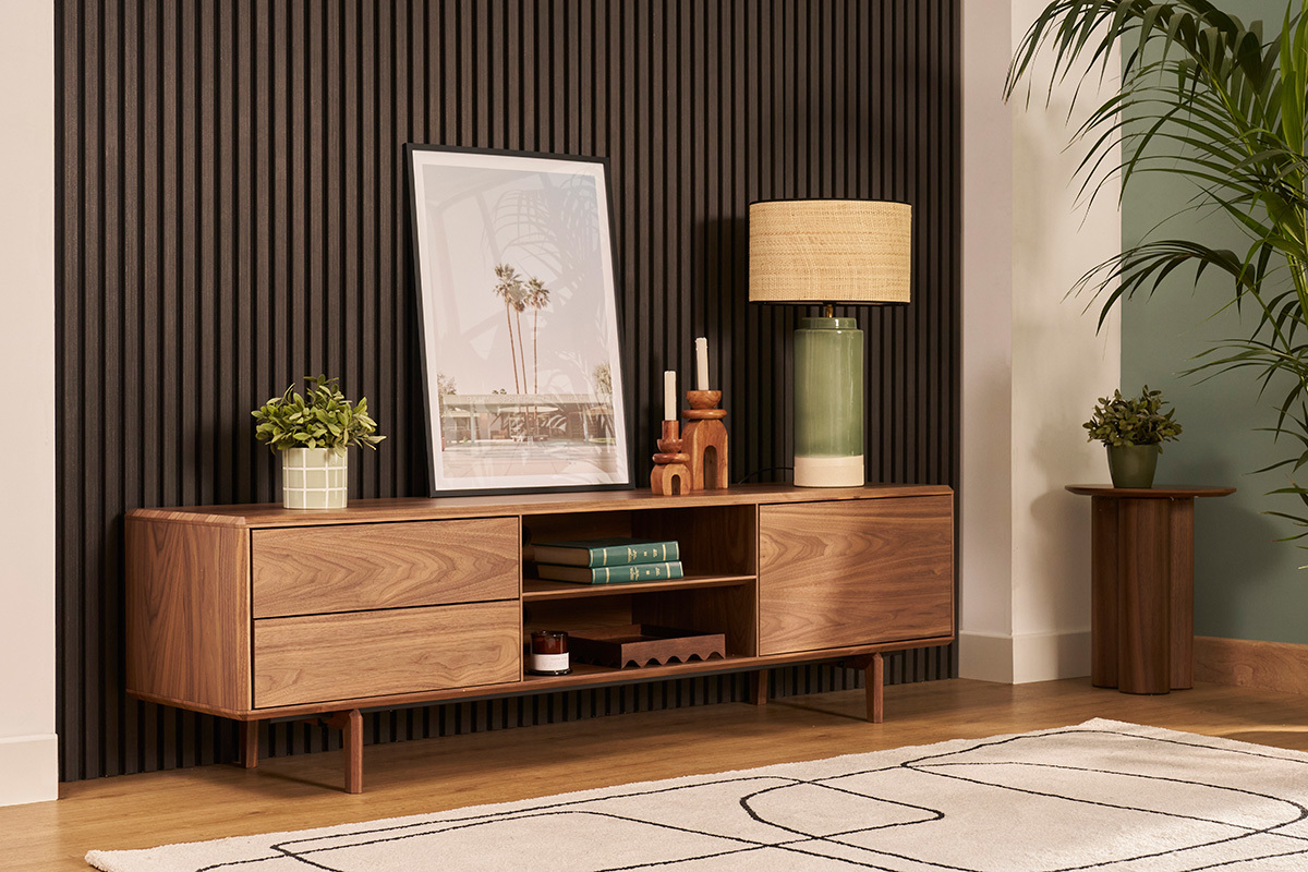 Meuble TV en bois fonc� noyer 1 porte 2 tiroirs L180 cm SUVA