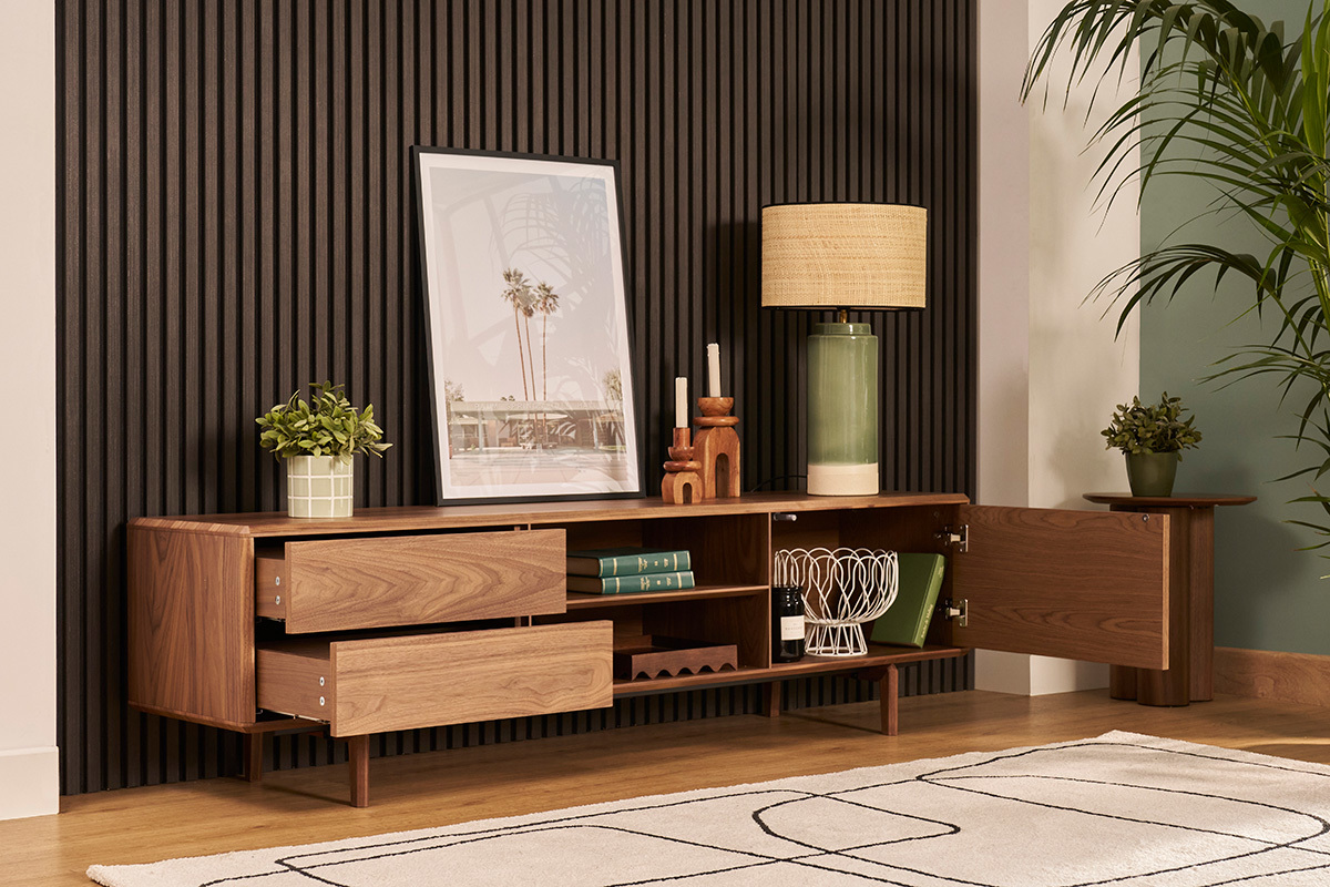 Meuble TV en bois fonc� noyer 1 porte 2 tiroirs L180 cm SUVA