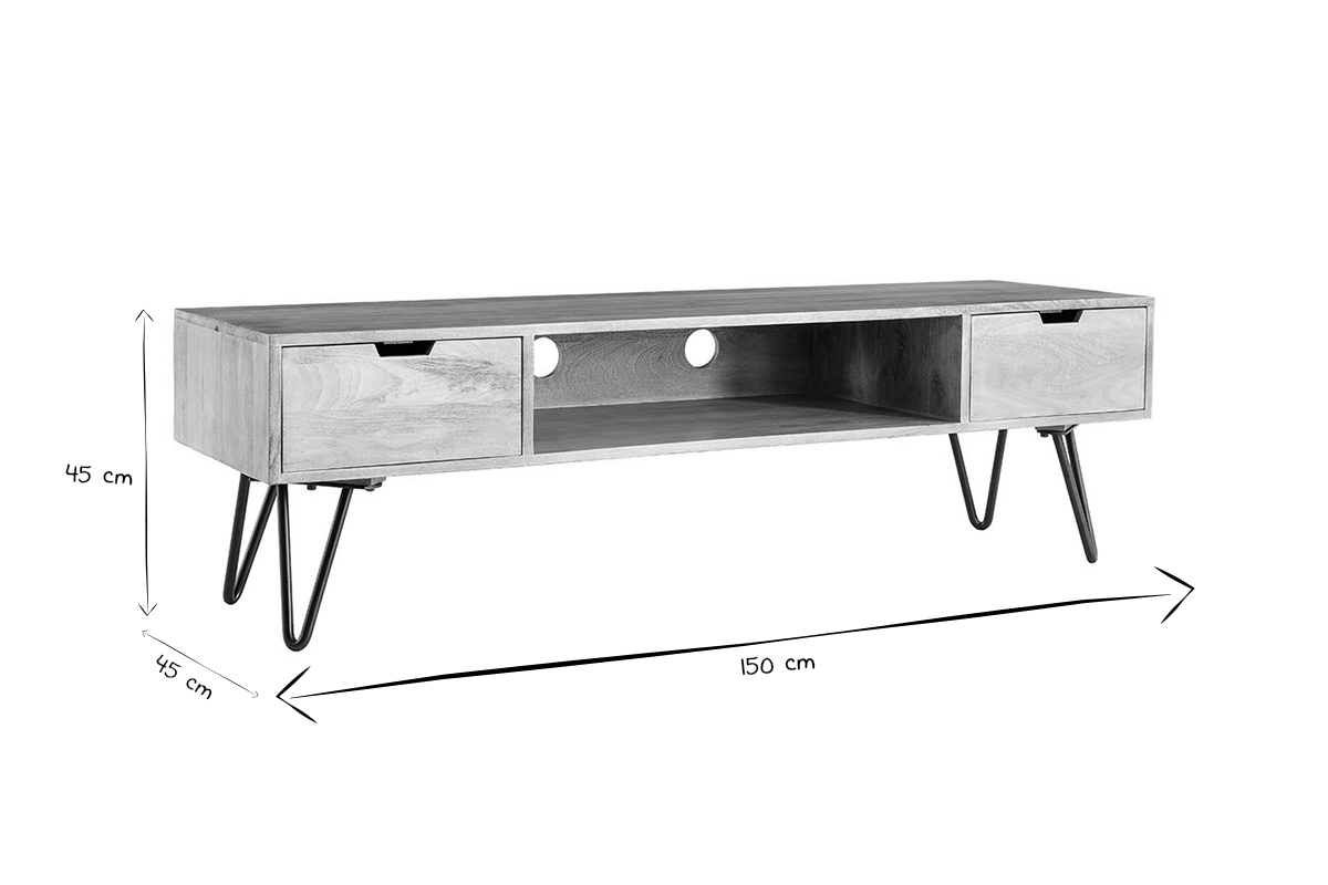 Dimensions du meuble TV en bois manguier et m�tal noir L150, H45 cm, L150 cm, P45 cm en noir et blanc.
