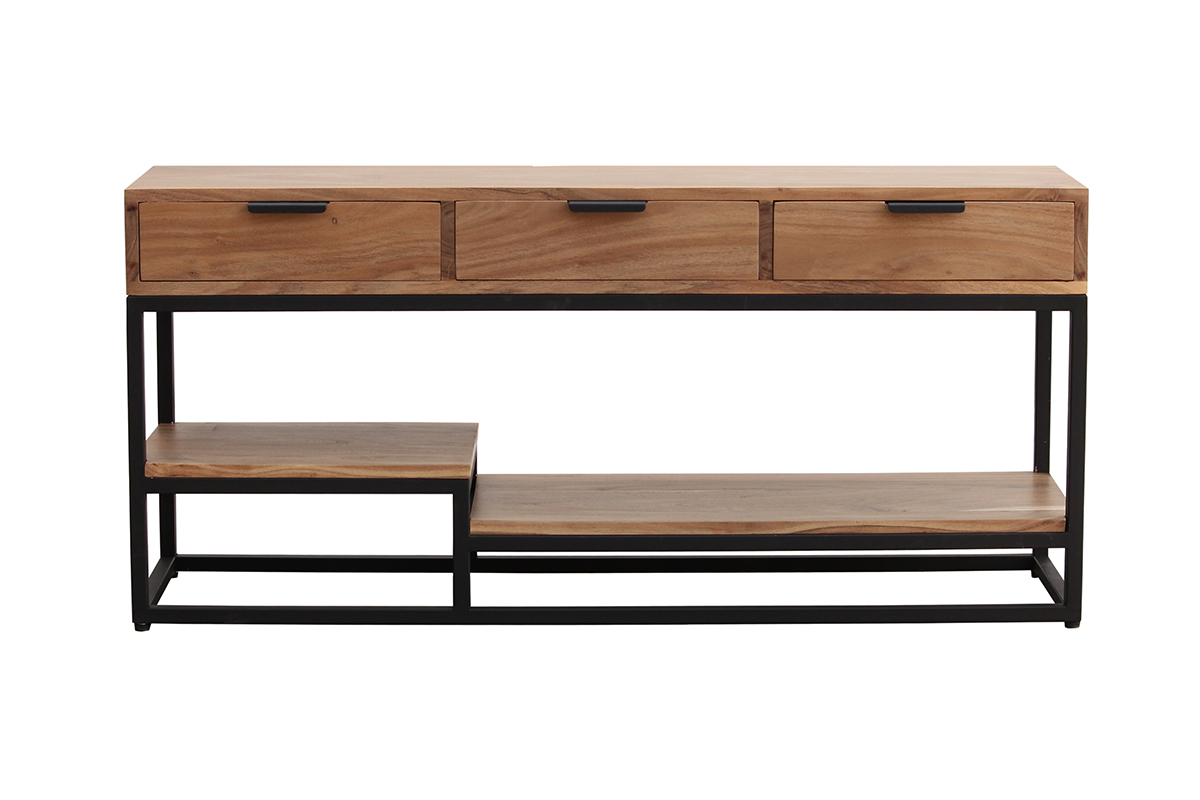Meuble TV en bois massif et m�tal noir avec trois tiroirs et �tag�res, vue de face.