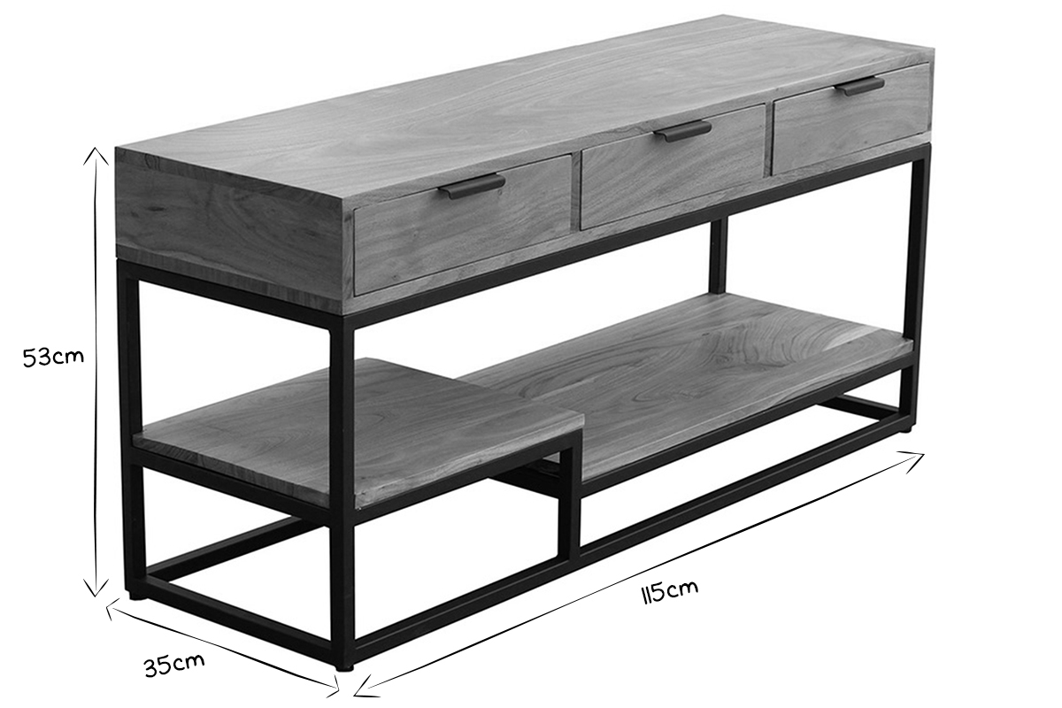Meuble TV en bois et m�tal noir avec dimensions L115 x P35 x H53 cm, en noir et blanc.