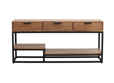 Meuble TV en bois massif et m&eacute;tal noir L115 cm WARREN