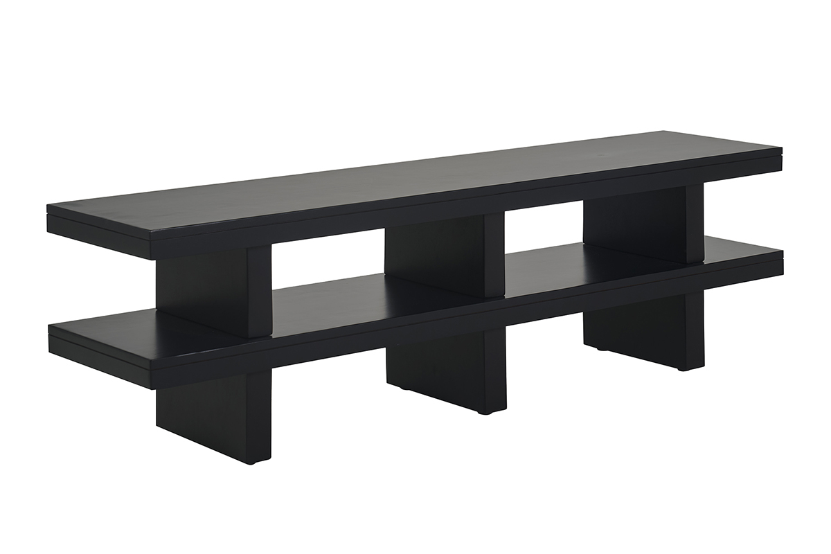 Meuble TV en bois massif noir � deux plateaux, vue de 3/4, design minimaliste.