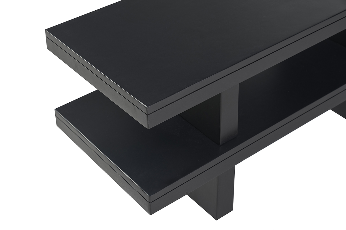 Meuble TV NALO en bois massif noir, vue en angle 3/4, avec deux plateaux superpos�s.
