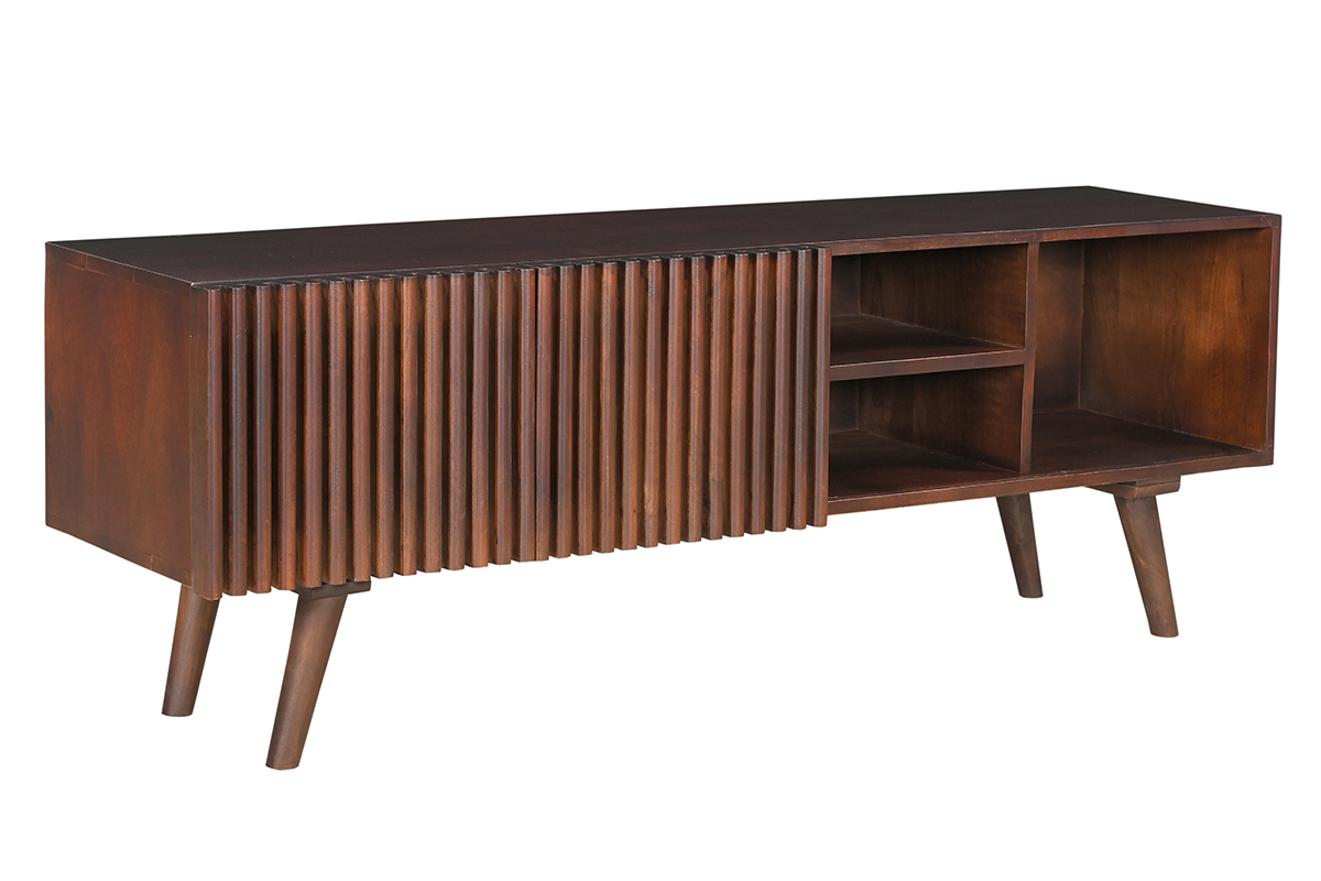 Meuble TV en manguier massif teint� bois fonc� avec portes coulissantes L140 cm ALBA