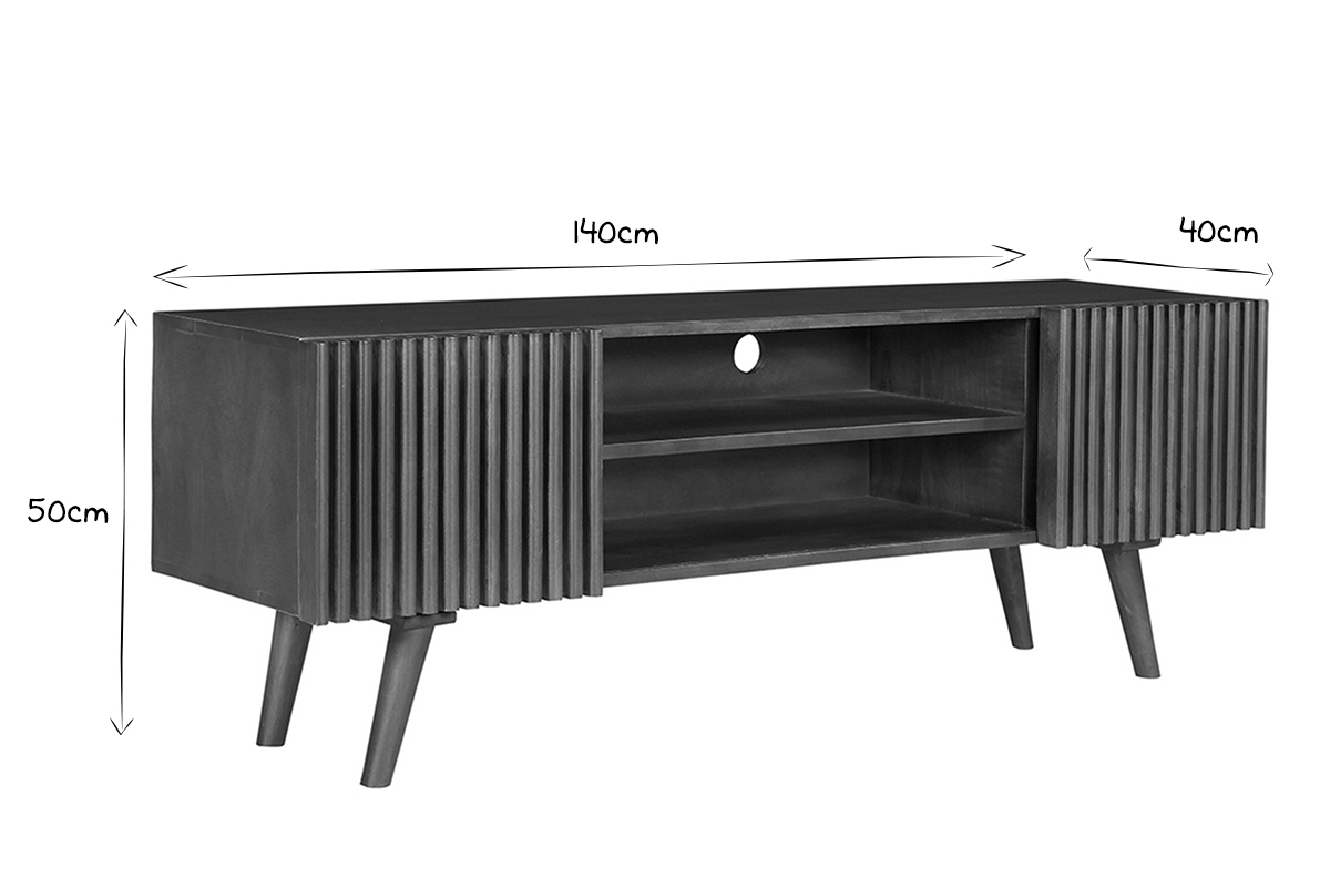 Meuble TV en manguier massif teint� bois fonc� avec portes coulissantes L140 cm ALBA
