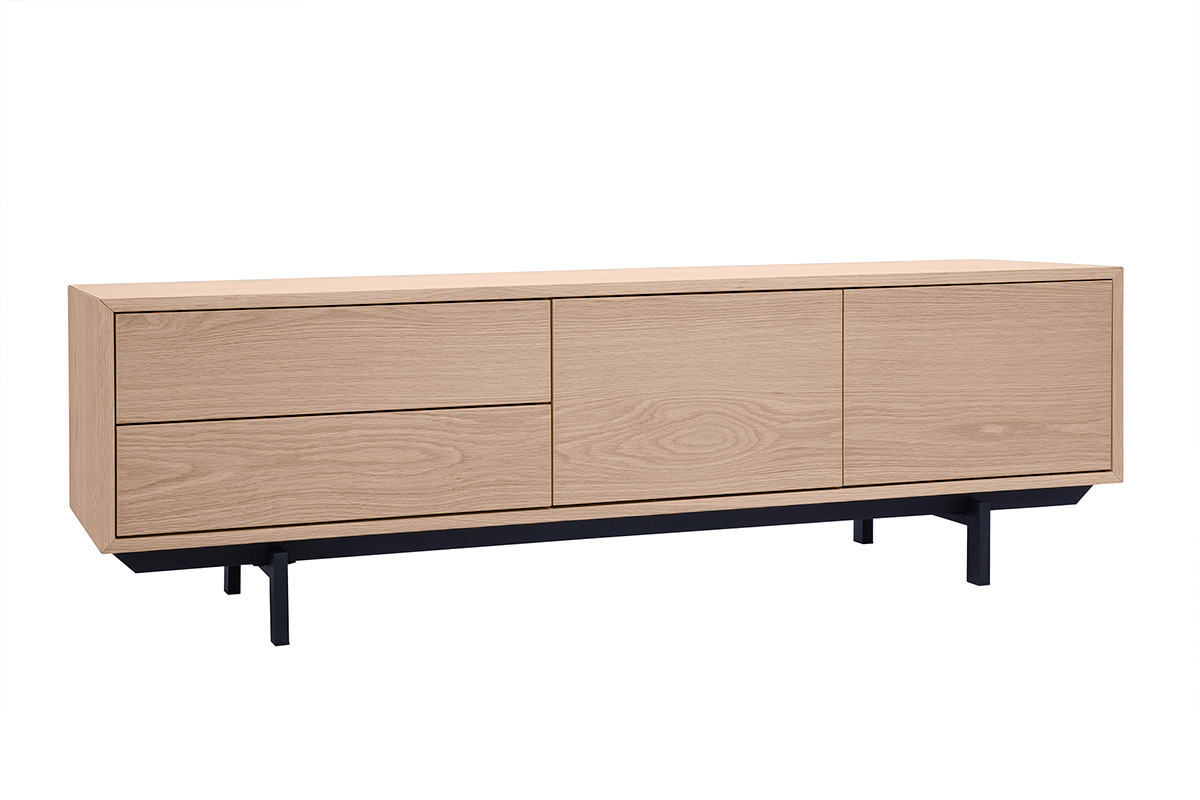 Meuble TV en bois ch�ne clair avec rangements ferm�s, dimensions L160 cm, angle de 3/4