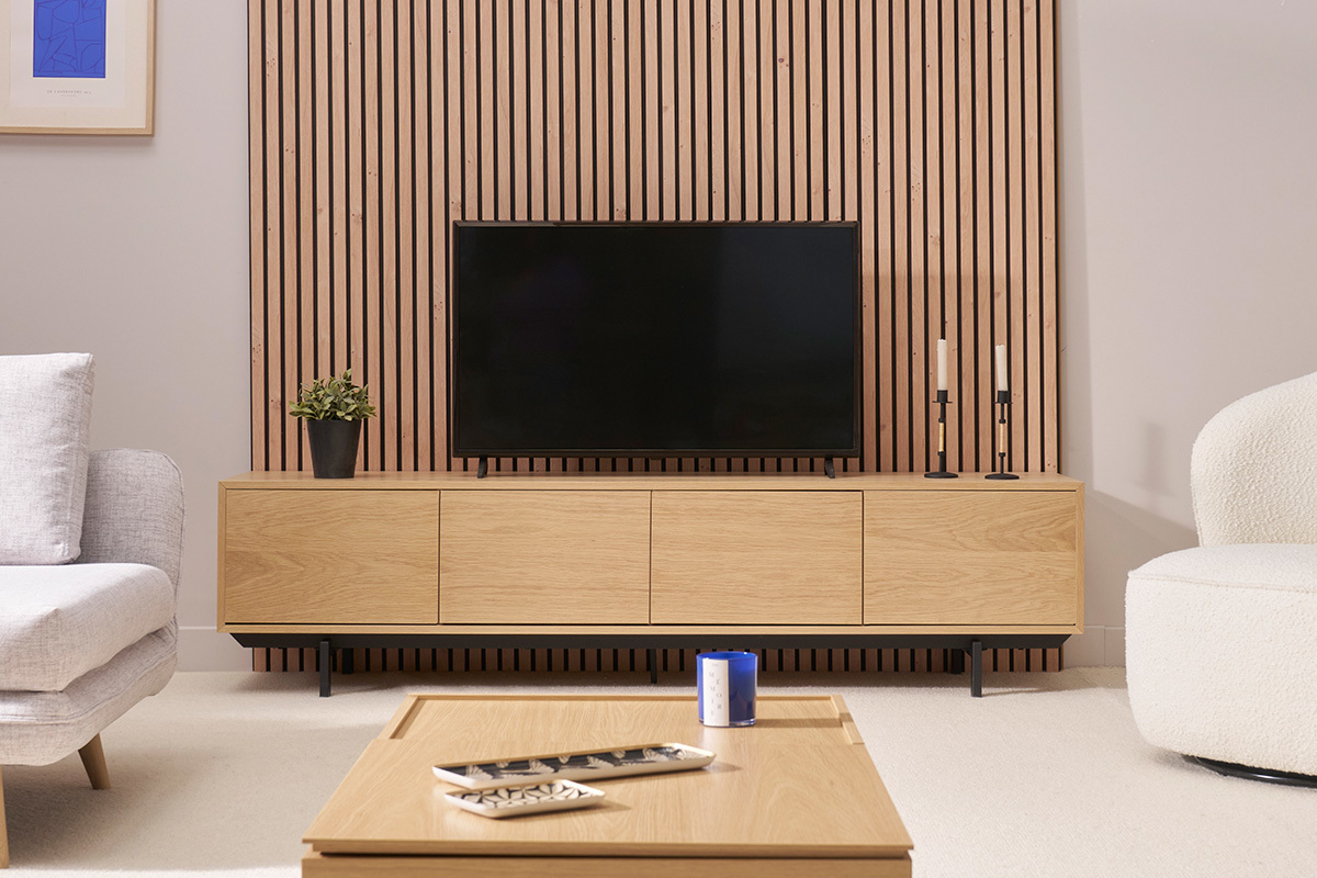 Meuble TV finition bois ch�ne et m�tal noir L200 cm MANNY