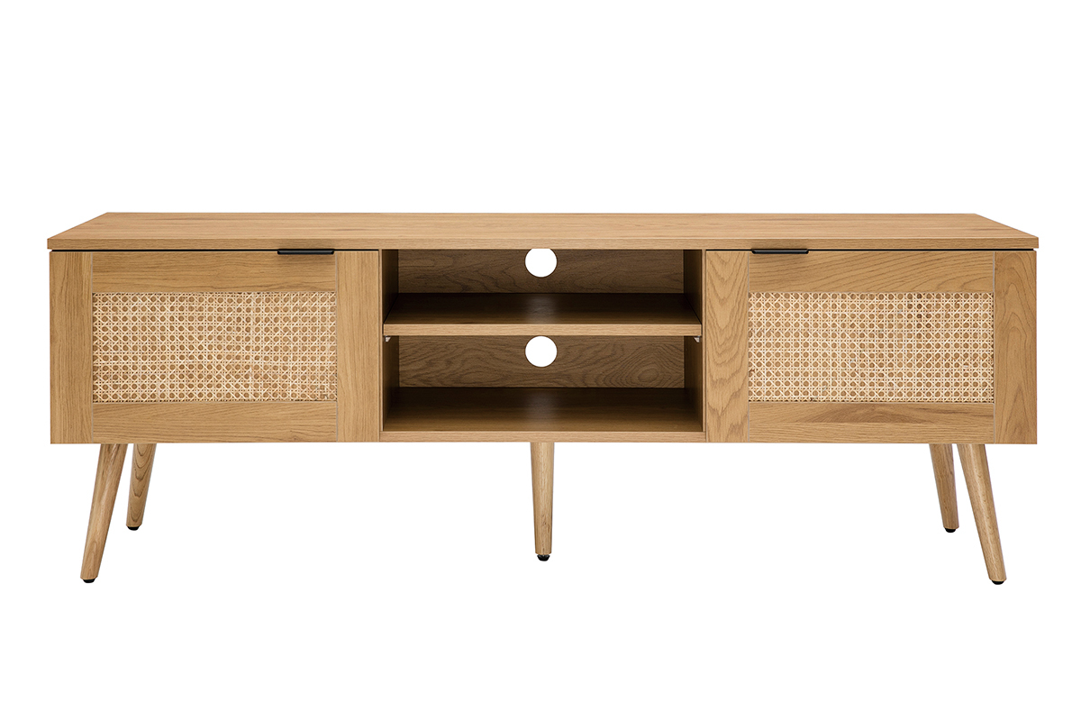 Meuble TV finition bois clair, cannage rotin et m�tal noir 2 portes L140 cm MANILLE