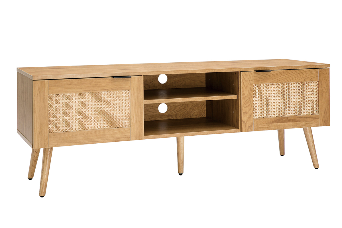 Meuble TV finition bois clair, cannage rotin et m�tal noir 2 portes L140 cm MANILLE