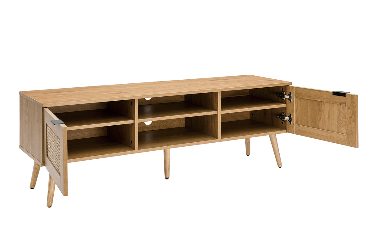 Meuble TV finition bois clair, cannage rotin et m�tal noir 2 portes L140 cm MANILLE