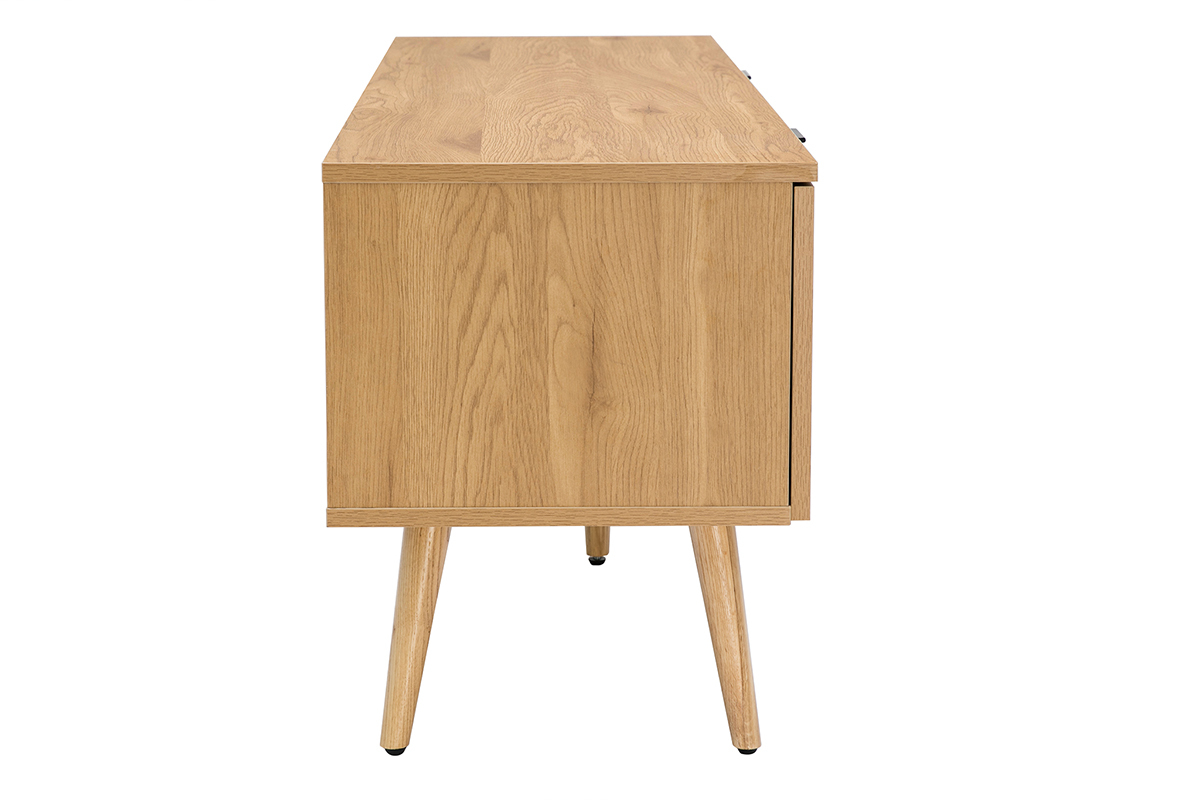 Meuble TV finition bois clair, cannage rotin et m�tal noir 2 portes L140 cm MANILLE