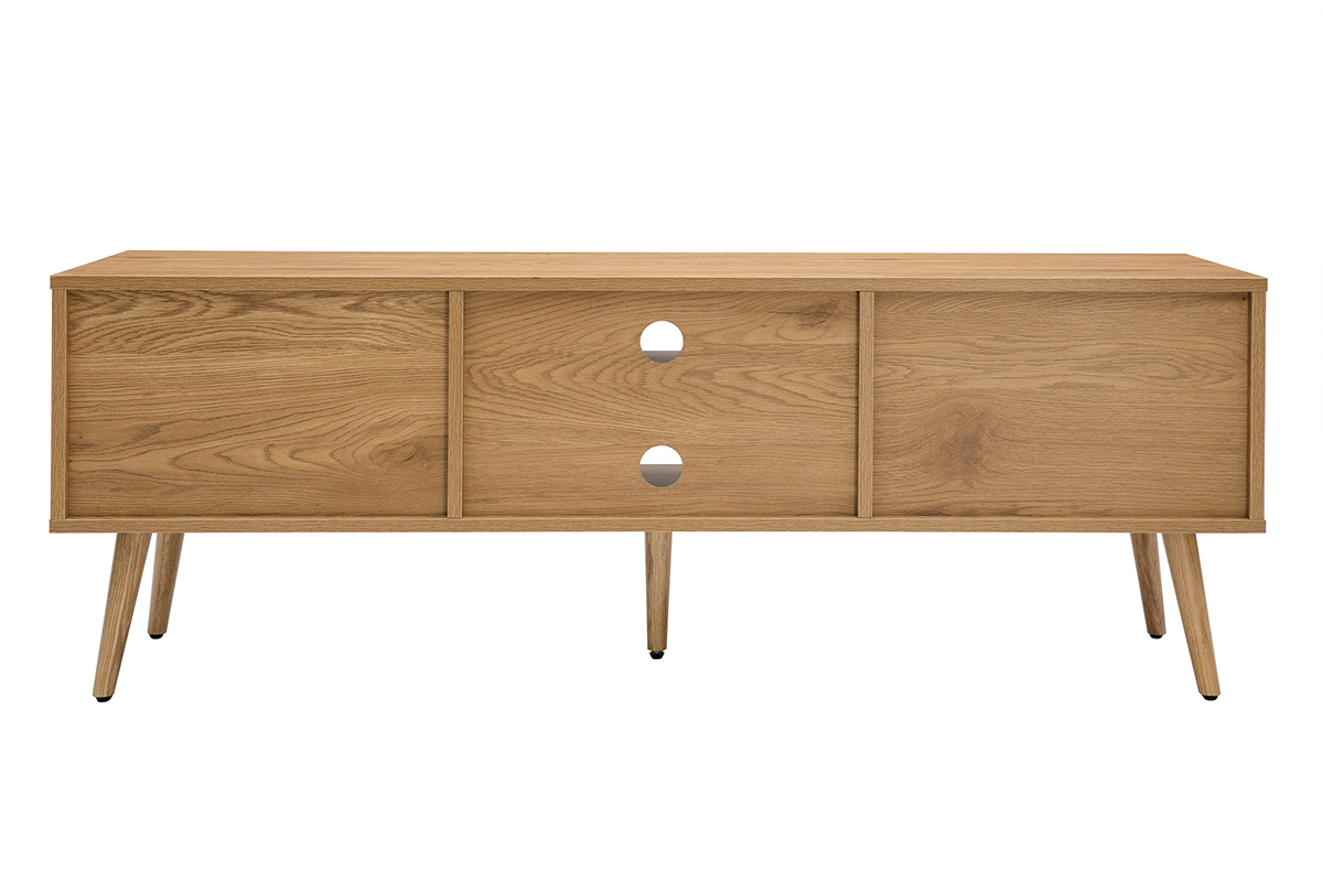 Meuble TV finition bois clair, cannage rotin et m�tal noir 2 portes L140 cm MANILLE