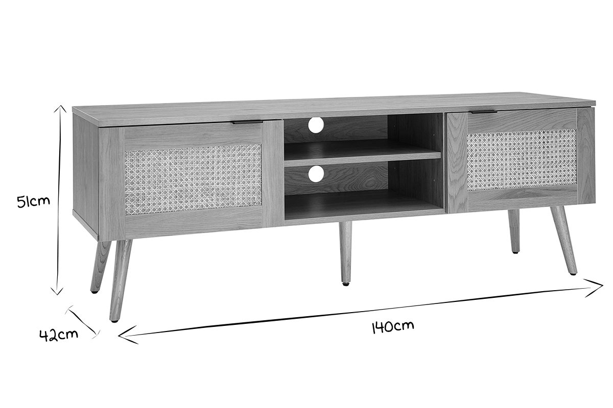 Meuble TV finition bois clair, cannage rotin et m�tal noir 2 portes L140 cm MANILLE