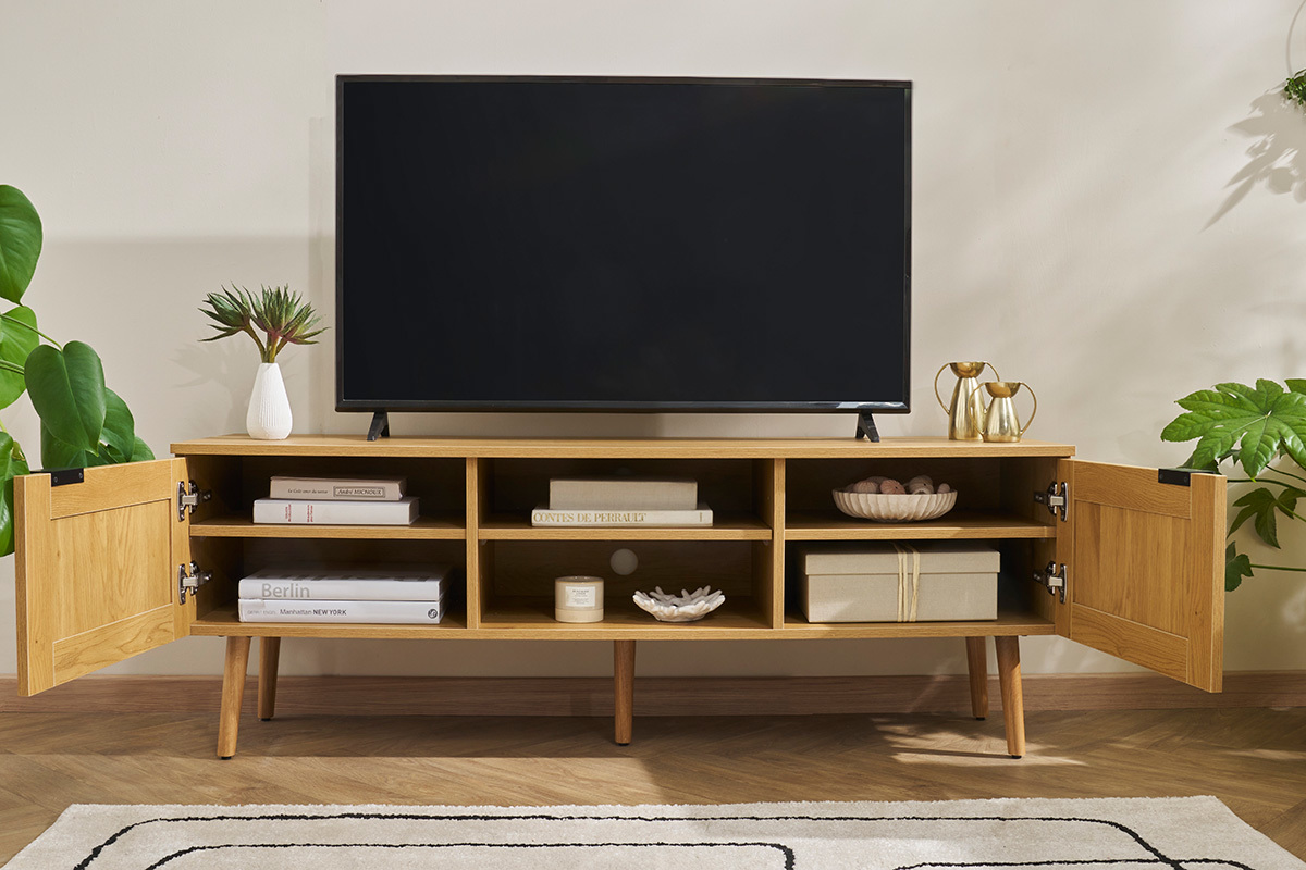 Meuble TV finition bois clair, cannage rotin et m�tal noir 2 portes L140 cm MANILLE