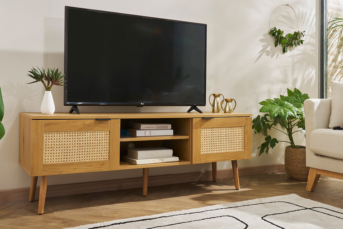 Meuble TV finition bois clair, cannage rotin et m�tal noir 2 portes L140 cm MANILLE