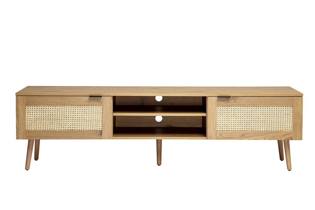 Meuble TV en bois clair avec cannage rotin, 2 portes, vue de face, longueur 180 cm.