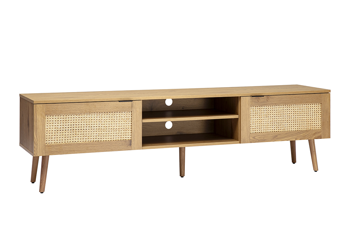 Meuble TV MANILLE en bois clair avec cannage rotin et m�tal noir, vue de 3/4