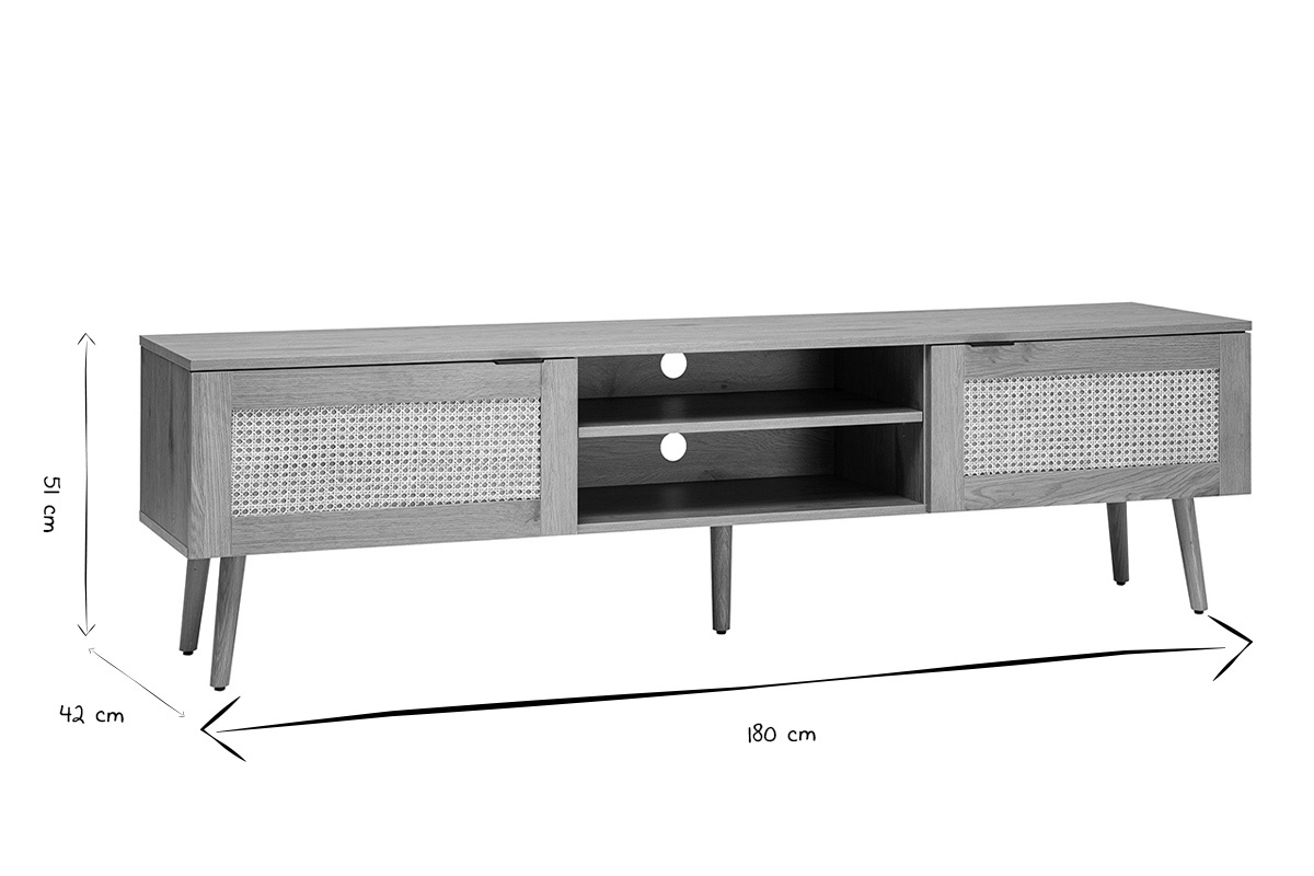 Dimensions du meuble TV : L180 cm, H51 cm, P42 cm en noir et blanc.