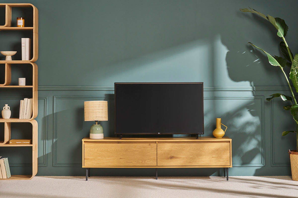 Meuble TV finition bois clair ch�ne 2 tiroirs L160 cm ARAGON
