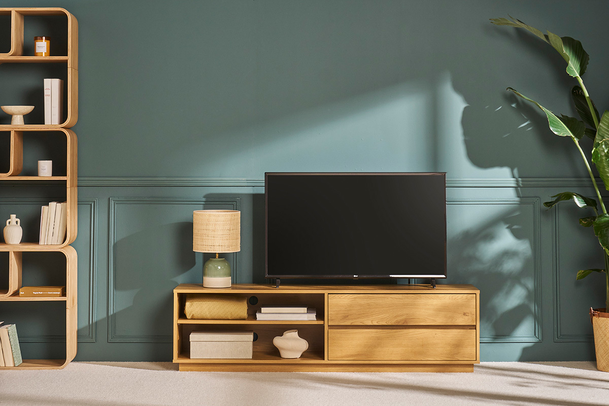 Meuble TV finition bois clair ch�ne 2 tiroirs L160 cm MADERO