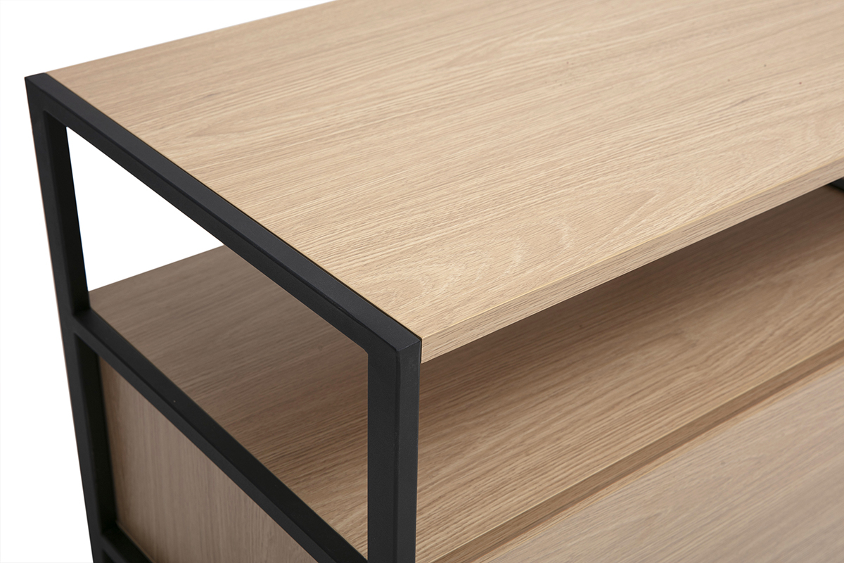 Vue rapproch�e du meuble TV en bois clair et m�tal noir, mod�le MAXENCE.