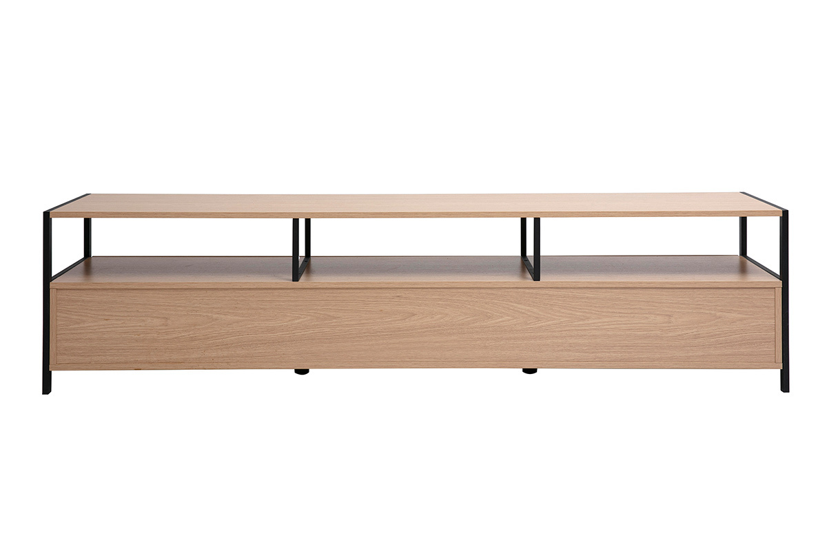 Meuble TV en bois clair et m�tal noir, vue de dos.