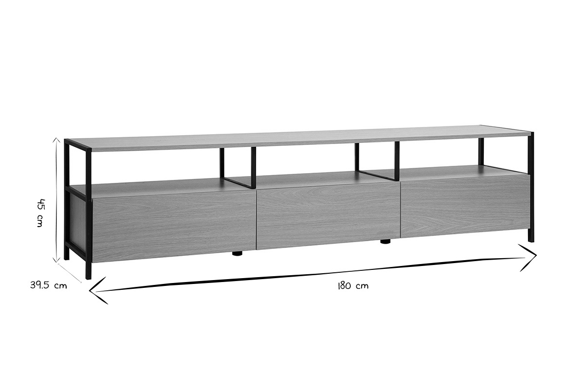 Meuble TV MAXENCE en noir et blanc avec dimensions 180x39,5x45 cm indiqu�es.