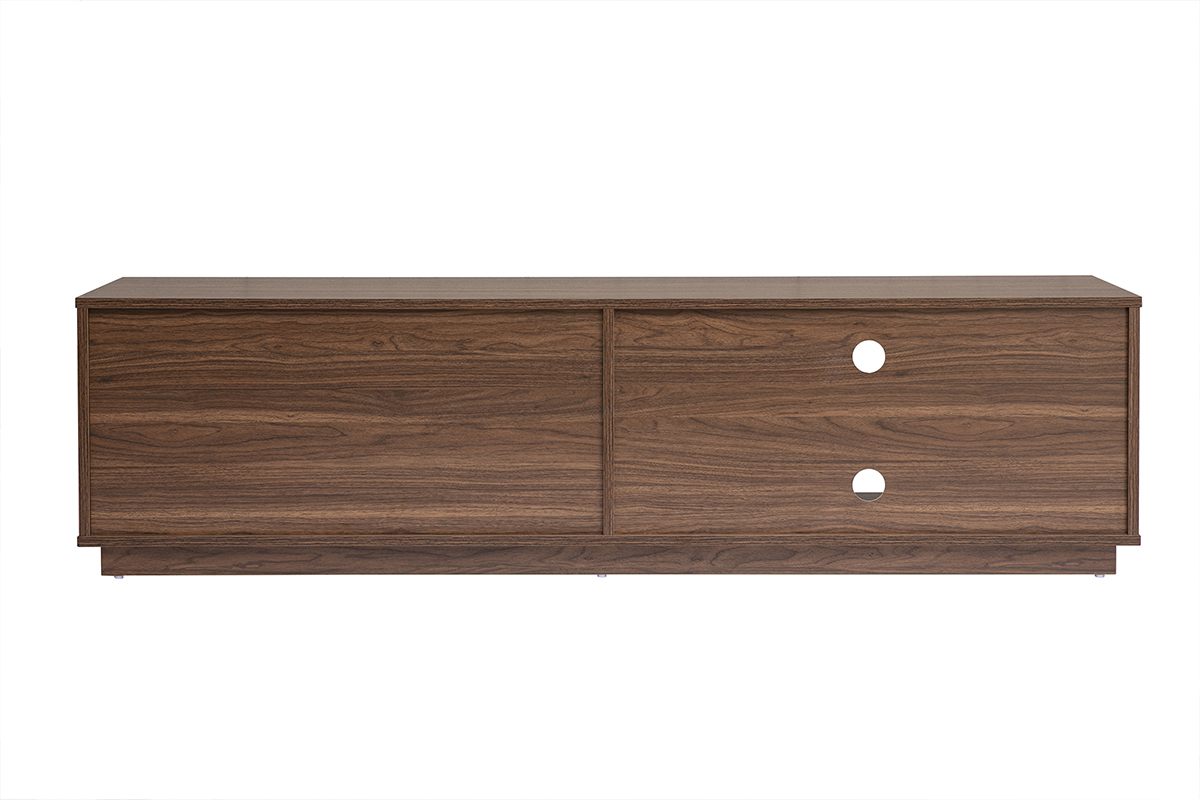 Meuble TV en bois fonc� noyer avec deux tiroirs, vue de dos.