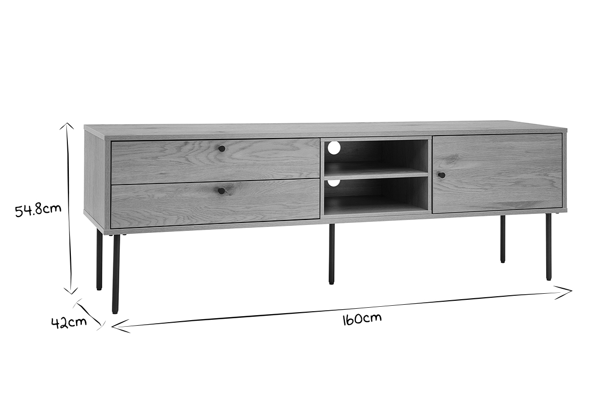 Meuble TV PERNELLE avec dimensions en noir et blanc, L160 x P42 x H54.8 cm.