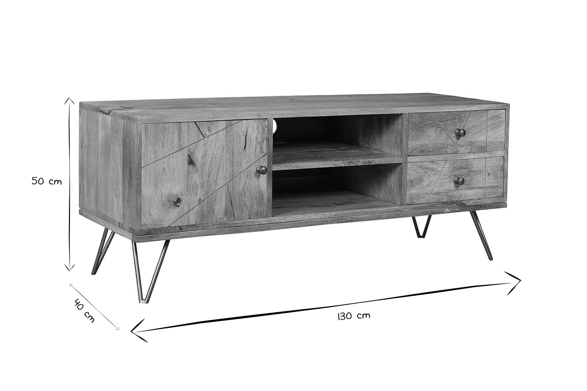 Meuble TV grav� en bois manguier massif et m�tal L130 LINIUM