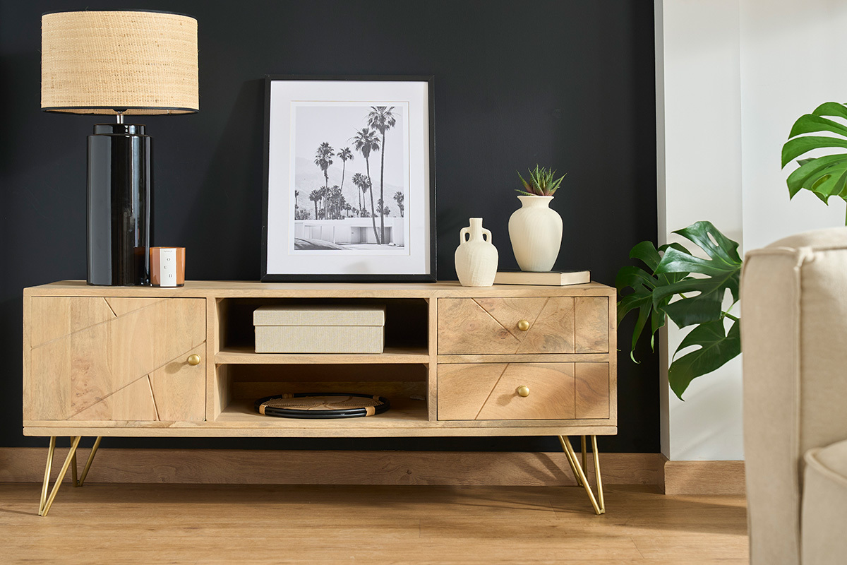 Meuble TV grav� en bois manguier massif et m�tal L130 LINIUM