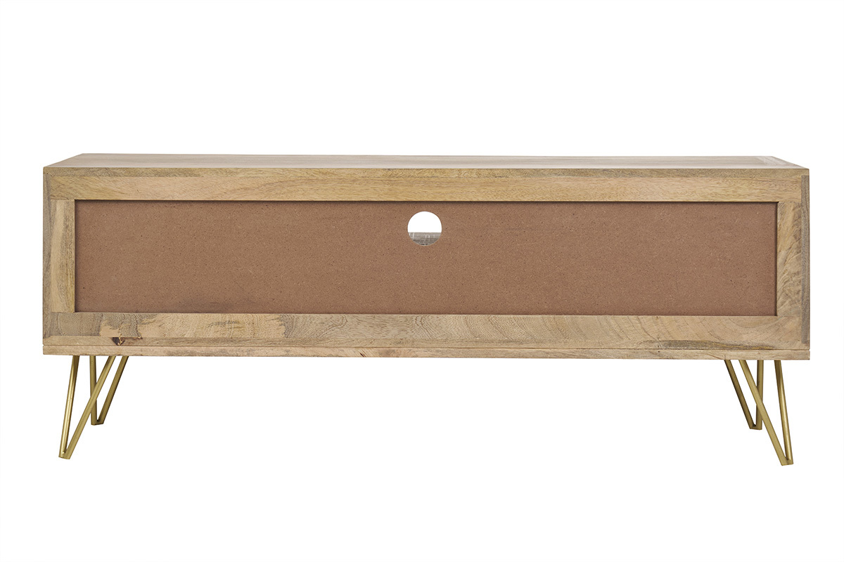 Meuble TV grav� en bois manguier massif et m�tal L130 LINIUM