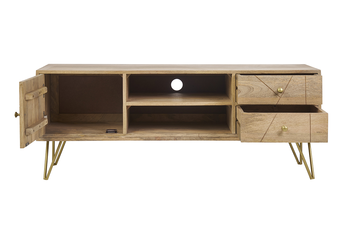 Meuble TV grav� en bois manguier massif et m�tal L130 LINIUM